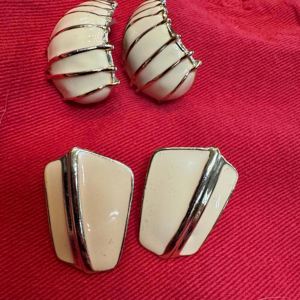 2 Vintage Cream Enamel and Gold Earrings Sculptural Studs & Hoops
